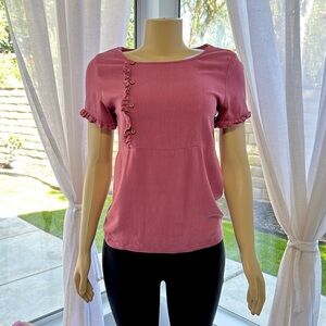 Hidden Alley Women’s Linen Top Textured Ruffle Boho Short Sleeve Size S Small